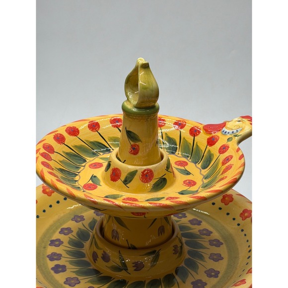 Dario Farrucci Design Yellow Floral Rooster 2 Tier Ceramic Serving Stand Tray